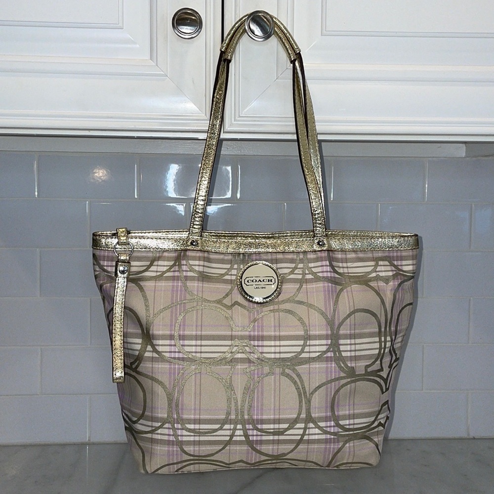 Coach RARE Pastel & Metallic Plaid Signature Logo Tote
